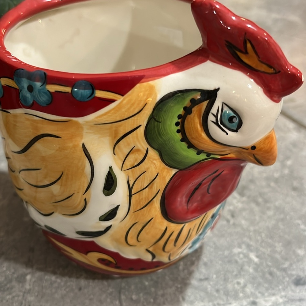 Colorful Rooster Ceramic Pitcher. Great as candle holder on Thanksgiving table.
